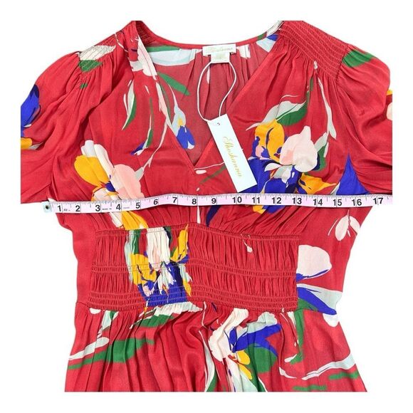 Shoshanna Emanuela Floral Smocked Waist Midi Dress Red Long Sleeve V-Neck 4 NWT - Picture 9 of 16